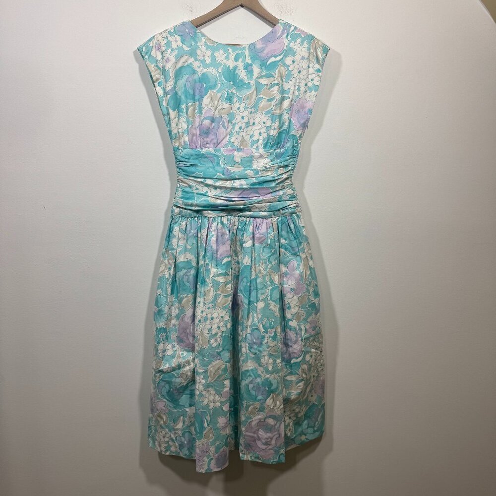 Patty O'Neil Vintage Dress sz 8 Floral Fit Flare Low Back Ruched Waist Union USA